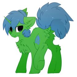 Size: 988x980 | Tagged: dead source, safe, artist:php146, oc, oc only, oc:alope ruby aspendale, pony, unicorn, blue mane, butt, butt fluff, chest fluff, cute, ear fluff, fluffy, green fur, male, plot, simple background, solo, stallion, white background