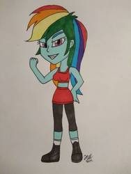 Size: 780x1040 | Tagged: safe, artist:hiroultimate, rainbow dash, equestria girls, g4, clothes, female, leggings, shoes, shorts, socks, solo, sports bra, traditional art