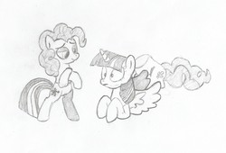 Size: 1931x1316 | Tagged: safe, artist:thekman100, pinkie pie, twilight sparkle, alicorn, pony, g4, crossed hooves, half, modular, partial body swap, pencil drawing, revision, smug, spread wings, standing, surprised, traditional art, twilight sparkle (alicorn), wat, wings