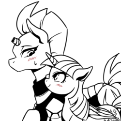 Size: 1000x1000 | Tagged: safe, artist:raika0306, tempest shadow, twilight sparkle, alicorn, pony, unicorn, g4, blushing, broken horn, female, horn, lesbian, looking at each other, looking at someone, mare, monochrome, partial color, ship:tempestlight, shipping, simple background, twilight sparkle (alicorn), white background