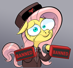 Size: 1106x1024 | Tagged: safe, artist:hotdiggedydemon, edit, editor:luzion, fluttershy, pegasus, pony, g4, anxiety, anxious, bipedal, clothes, crossover, female, floppy ears, frown, glory to arstotzka, gradient background, gray background, hat, hoof hold, inspector, looking at you, mare, mismatched eyes, necktie, nervous, papers please, parody, simple background, solo, stamp, stamp of approval, uniform, vannamelon, wide eyes