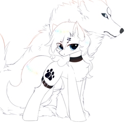Size: 1000x1000 | Tagged: safe, artist:heddopen, oc, oc only, oc:loulou, pony, wolf, belt, chest fluff, ear fluff, female, fluffy, fluffy tail, hairpin, jewelry, looking at you, mare, necklace, pure white, solo