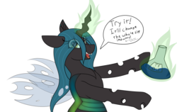 Size: 2721x1719 | Tagged: safe, artist:codras, queen chrysalis, changeling, changeling queen, g4, female, flask, heart eyes, imminent transformation, magic, open mouth, quadrupedal, simple background, solo, tra, transparent background, wingding eyes