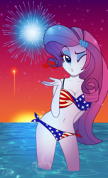 Size: 731x1200 | Tagged: safe, artist:lennonblack, rarity, equestria girls, g4, 4th of july, american flag, american flag bikini, american independence day, amerity, beauty mark, belly button, bikini, bikini babe, blowing a kiss, breasts, busty rarity, cleavage, clothes, female, fireworks, flag bikini, holiday, kissing, one eye closed, solo, swimsuit, united states, wink