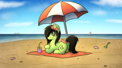 Size: 4500x2531 | Tagged: safe, artist:moemneop, derpy hooves, oc, oc:emerald blade, earth pony, pony, g4, beach, beach umbrella, bow, female, mare, prone, tail bow, when you see it