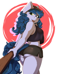 Size: 1536x1966 | Tagged: safe, artist:hakkids2, oc, oc only, oc:starry, oc:starry night, anthro, anthro oc, ass, baseball bat, baseball cap, butt, cap, clothes, female, hat, looking back, midriff, open mouth, shorts, solo
