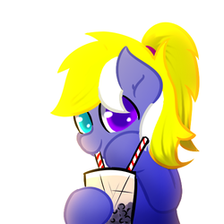 Size: 500x500 | Tagged: safe, artist:jerryenderby, oc, oc only, oc:enderby, pegasus, pony, bubble tea, cuo, cup, drink, drinking, heterochromia, looking at you, lowres, simple background, solo, straw, white background, yellow mane