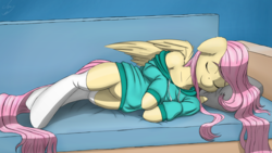 Size: 3840x2160 | Tagged: safe, artist:cluvry, fluttershy, pegasus, semi-anthro, g4, arm hooves, clothes, cute, female, floppy ears, high res, hoodie, human shoulders, mare, shyabetes, sleeping, smiling, solo, stockings, sweater, thigh highs