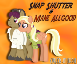 Size: 1376x1152 | Tagged: safe, artist:cyber-murph, mane allgood, snap shutter, earth pony, pegasus, pony, g4, the last crusade, clothes, female, hat, male, scootaloo's parents, ship:maneshutter, shipping, signature, straight, wing hole, wings