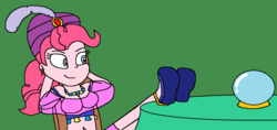 Size: 1166x551 | Tagged: safe, anonymous artist, pinkie pie, human, equestria girls, g4, it's about time, anklet, clothes, crystal ball, ear piercing, earring, equestria girls interpretation, feet on table, female, flats, gypsy pie, jewelry, madame pinkie, necklace, piercing, scene interpretation, shoes, solo, turban
