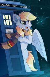 Size: 1300x2000 | Tagged: safe, artist:php97, derpy hooves, pegasus, pony, g4, bipedal, cheek fluff, clothes, crossover, cute, derpabetes, doctor who, female, fourth doctor's scarf, implied doctor whooves, open mouth, scarf, solo, space, striped scarf, sweet dreams fuel, tardis