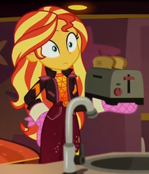 Size: 373x436 | Tagged: safe, screencap, sunset shimmer, equestria girls, equestria girls specials, g4, my little pony equestria girls: better together, my little pony equestria girls: sunset's backstage pass, bread, clothes, cropped, female, food, geode of empathy, jacket, magical geodes, music festival outfit, oven mitts, pants, toast, toaster