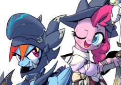 Size: 1453x1027 | Tagged: safe, alternate version, artist:satv12, pinkie pie, rainbow dash, earth pony, pegasus, pony, g4, armor, bard, bow (weapon), dragoon, fantasy class, female, final fantasy, final fantasy xiv, hat, kain highwind, lance, mare, one eye closed, simple background, weapon, white background, wink