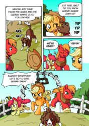 Size: 1201x1700 | Tagged: safe, artist:tarkron, apple bloom, applejack, big macintosh, winona, dog, earth pony, pony, comic:ghosts of the past, g4, apple siblings, comic, dialogue, female, filly, licking, male, mare, stallion, sweet apple acres, tongue out