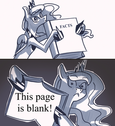 Size: 1274x1399 | Tagged: safe, artist:askbestprincessluna, princess luna, alicorn, pony, g4, blatant lies, book, concave belly, exploitable meme, hoof shoes, irony, liar's paradox, luna's fact book, meme, paradox, slender, thin