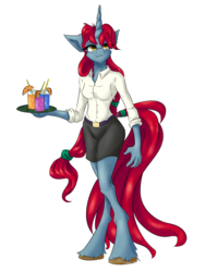 Size: 1668x2224 | Tagged: safe, artist:coldtrail, oc, oc only, oc:talayeh, unicorn, anthro, cocktail, female, freckles, simple background, solo, transparent background, tray, unshorn fetlocks