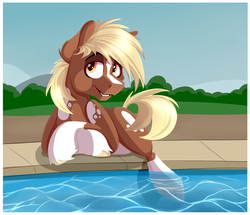 Size: 3000x2581 | Tagged: safe, artist:tehshockwave, oc, oc only, earth pony, pony, high res, looking at you, male, smiling, solo, stallion, swimming pool