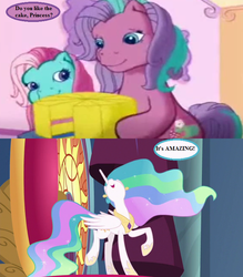 Size: 672x768 | Tagged: safe, edit, edited screencap, editor:korora, screencap, minty, princess celestia, sweetberry, g3, g4, horse play, the runaway rainbow, cake, cakelestia, cropped, cute, cutelestia, dialogue, excited, food, g3 to g4, generation leap, peytral, speech bubble, that princess sure does love cake