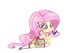Size: 1044x736 | Tagged: safe, artist:katrina hadley, artist:lunchie, fluttershy, bird, equestria girls, g4, chibi, clothes, cute, female, official fan art, shoes, shyabetes, simple background, skirt, socks, solo, white background