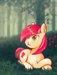 Size: 2302x3008 | Tagged: safe, artist:yunnecora, roseluck, cat pony, earth pony, original species, pony, g4, female, flower, forest, high res, mare, prone, rose, solo