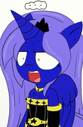 Size: 1336x2048 | Tagged: safe, artist:tenebrousmelancholy, princess luna, alicorn, anthro, g4, clothes, disgusted, jewelry, open mouth, regalia, younger