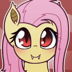 Size: 1000x1000 | Tagged: safe, artist:puetsua, fluttershy, bat pony, pony, g4, abstract background, avatar, bat ponified, blushing, bust, cute, fangs, female, flutterbat, front view, full face view, looking at you, mare, outline, portrait, race swap, red eyes, shyabates, shyabetes, smiling, solo, white outline