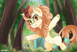 Size: 2800x1907 | Tagged: safe, artist:rivin177, applejack, autumn blaze, kirin, g4, awwtumn blaze, belly button, bipedal, cloven hooves, crepuscular rays, cute, female, forest, hooves out, looking at you, mare, outdoors, smiling, solo, three quarter view