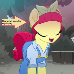 Size: 972x972 | Tagged: safe, edit, edited screencap, editor:korora, screencap, torque wrench, earth pony, pony, g4, rainbow roadtrip, arrow, atorqueable, captain obvious, cropped, cute, overalls, text, truth