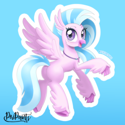 Size: 900x900 | Tagged: safe, artist:piripaints, silverstream, classical hippogriff, hippogriff, g4, butt, cute, diastreamies, female, flying, happy, jewelry, looking at you, necklace, open mouth, outline, plot, simple background, smiling, solo, streambutt, watermark, white outline
