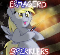 Size: 1378x1259 | Tagged: safe, artist:rainbow eevee, derpibooru exclusive, derpy hooves, pegasus, pony, g4, 4th of july, :3, american flag, american independence day, celebration, cute, derpabetes, dialogue, engrish in the description, ermahgerd, female, flag, holiday, hoof hold, independence day, mare, open mouth, simple background, solo, sparkler (firework), spread wings, text, united states, wings