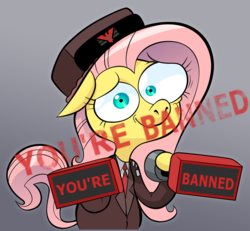 Size: 1106x1024 | Tagged: safe, artist:hotdiggedydemon, edit, fluttershy, pegasus, pony, g4, anxiety, anxious, banned, bipedal, clothes, crossover, female, floppy ears, glory to arstotzka, gradient background, gray background, hat, hoof hold, inspector, looking at you, mare, mismatched eyes, papers please, parody, simple background, smiling, solo, stamp, stamp of approval, uniform, vannamelon, wide eyes