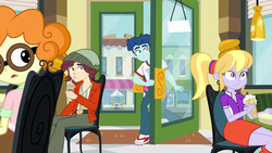 Size: 1920x1080 | Tagged: safe, screencap, cloudy kicks, curly winds, normal norman, scribble dee, some blue guy, human, equestria girls, g4, my little pony equestria girls, background character, background human, beanie, belt, chair, clothes, door, drink, drinking, female, glasses, hat, jacket, male, milkshake, ponytail, shirt, shoes, sitting, skirt, sneakers