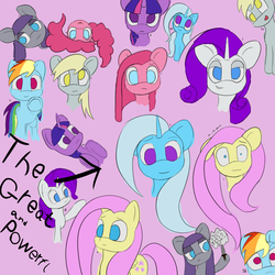 Size: 2048x2048 | Tagged: safe, artist:snezhok42, derpy hooves, fluttershy, maud pie, pinkie pie, rainbow dash, rarity, trixie, twilight sparkle, pegasus, pony, unicorn, g4, colored, female, flat colors, high res, simple background, sketch, sketch dump, standing