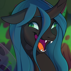 Size: 1500x1500 | Tagged: safe, artist:alkatoster, artist:nyx, queen chrysalis, changeling, changeling queen, g4, the beginning of the end, collaboration, crazylis, derp, faic, fangs, female, floppy ears, open mouth, silly, smiling, solo, wall eyed