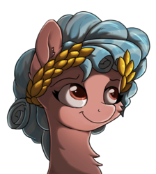 Size: 1148x1280 | Tagged: safe, artist:nighty, cozy glow, earth pony, pony, g4, bust, chest fluff, colored pupils, cozybetes, cute, ear fluff, female, laurel wreath, simple background, solo, transparent background