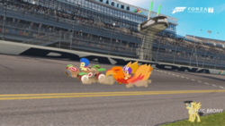 Size: 750x422 | Tagged: safe, artist:forzaveteranenigma, apple bloom, scootaloo, earth pony, pony, g4, the cart before the ponies, daytona international speedway, daytona usa, florida, forza motorsport 7, irl, photo, ponies in real life, race track, united states, watermark