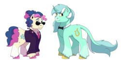 Size: 1280x640 | Tagged: safe, artist:itstechtock, bon bon, lyra heartstrings, sweetie drops, earth pony, pony, g4, bowtie, secret agent sweetie drops, simple background, sunglasses, transparent background