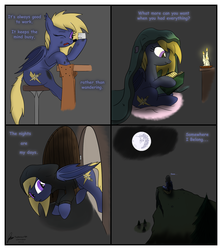 Size: 1920x2160 | Tagged: safe, artist:thedrizzle404, oc, oc only, oc:sparky, bat pony, pony, bat pony oc, blanket, book, candle, cliff, clothes, comic, commission, dirty, ear tufts, eeee, fallout equestria: crossroads, female, floppy ears, frown, gray background, hoodie, hoof hold, looking back, mare, mare in the moon, moon, mouth hold, nose wrinkle, one eye closed, partial background, raised hoof, raised leg, reading, simple background, sitting, smiling, smirk, sneaking, stool, table, tree