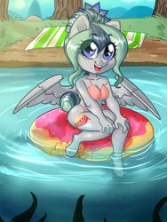 Size: 3000x4000 | Tagged: safe, artist:annakitsun3, oc, oc only, oc:feather fry, pegasus, anthro, unguligrade anthro, beach towel, bikini, clothes, female, freckles, inflatable, inner tube, lake, looking at you, mare, smiling, solo, spread wings, swimsuit, towel, water, wings