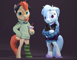 Size: 1024x795 | Tagged: safe, artist:rexyseven, oc, oc only, oc:rusty gears, oc:whispy slippers, pony, 3d, bipedal, clothes, hoodie, hoof hold, socks, striped socks