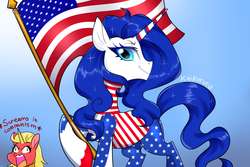 Size: 3000x2000 | Tagged: safe, artist:kaikururu, oc, oc only, oc:commie, oc:freedom, pony, unicorn, 4th of july, american flag, american independence day, communism, descriptive noise, female, flag, gradient background, high res, holiday, mare, screaming, smiling, yelling