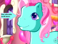 Size: 757x567 | Tagged: safe, edit, edited screencap, editor:korora, screencap, minty, earth pony, pony, a very pony place, g3, positively pink, arrow, balloon, captain obvious, cute, female, mare, mintabetes, outdoors, smiling, text