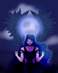 Size: 3507x4380 | Tagged: safe, artist:slyrintana, princess luna, human, g4, choker, clothes, cloud, dress, ethereal hair, eyebrows, eyebrows visible through hair, eyes closed, female, full moon, henna, humanized, jewelry, moon, night, regalia, signature, smiling, solo, windswept hair, winged humanization, wings