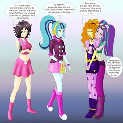 Size: 4667x4667 | Tagged: safe, artist:tigerssunshyn, adagio dazzle, aria blaze, sonata dusk, oc, equestria girls, g4, belly button, dialogue, disguise, disguised siren, headphones, hypnosis, hypnotized, mistress, restrained, swirly eyes