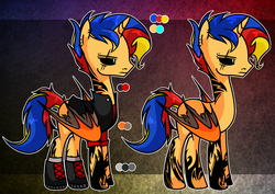 Size: 1410x1000 | Tagged: safe, artist:bonpikabon, oc, oc only, oc:dark-sun guard, alicorn, demon, demon pony, original species, pony, alicorn oc, boots, clothes, colored sclera, ear piercing, earring, eye scar, eyebrow piercing, jacket, jewelry, leather jacket, male, multicolored hair, nose piercing, offspring, parent:flash sentry, parent:sunset shimmer, parents:flashimmer, piercing, reference sheet, scar, shirt, shoes, socks, solo, stallion, t-shirt, tattoo