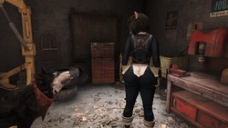 Size: 1360x768 | Tagged: safe, artist:defector, oc, oc only, oc:epsilon, anthro, 3d, anthro oc, clothes, dogmeat, fallout, fallout 4, femboy, jumpsuit, male, rear view, solo, the ass was fat, vault suit, wide hips