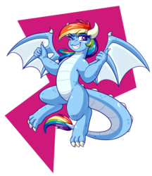 Size: 3353x3889 | Tagged: safe, artist:graphene, rainbow dash, dragon, g4, dragonified, female, grin, high res, one eye closed, rainbow dragon, smiling, solo, species swap, thumbs up, wink
