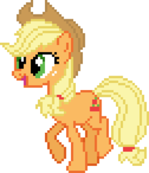 Size: 378x438 | Tagged: safe, artist:iknowpony, applejack, earth pony, pony, g4, simple ways, female, hat, mare, open mouth, pixel art, raised hoof, simple background, solo, transparent background
