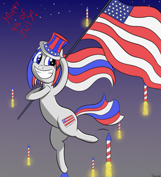 Size: 2000x2200 | Tagged: safe, artist:tazool, oc, oc only, earth pony, pony, 4th of july, american flag, american independence day, cute, female, fireworks, grin, hat, high res, holiday, hopping, jumping, night, ocbetes, patriotic, smiling, standing, standing on one leg, stars, top hat, united states