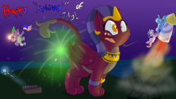 Size: 3840x2160 | Tagged: safe, artist:rupert, spike, starlight glimmer, the sphinx, trixie, dragon, pony, sphinx, unicorn, g4, american flag, behaving like a cat, cape, clothes, female, firework from behind, fireworks, frightened, high res, kitty sphinx, male, mare, meow, shrunken pupils, silly, sparkles, surprised, trixie's cape, trixie's rocket, winged spike, wings